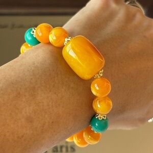 Honey Beeswax Amber & Turquoise Statement Bracelet 10mm